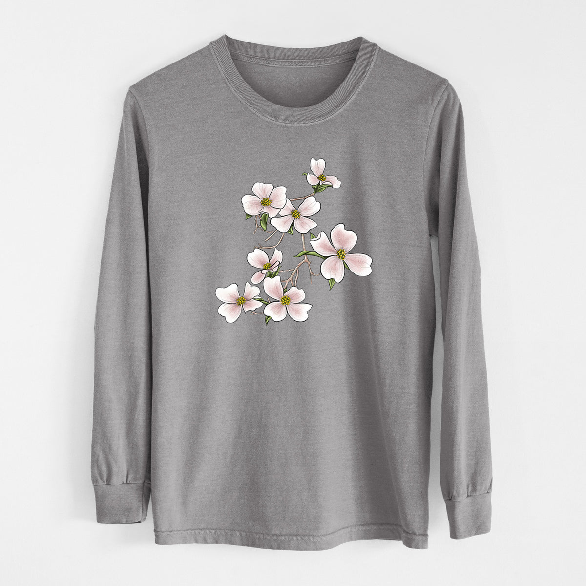 Grey Comfort Colors long sleeve shirt laid flat, printed with a full-color illustration of pink and white dogwood blossoms on a branch.