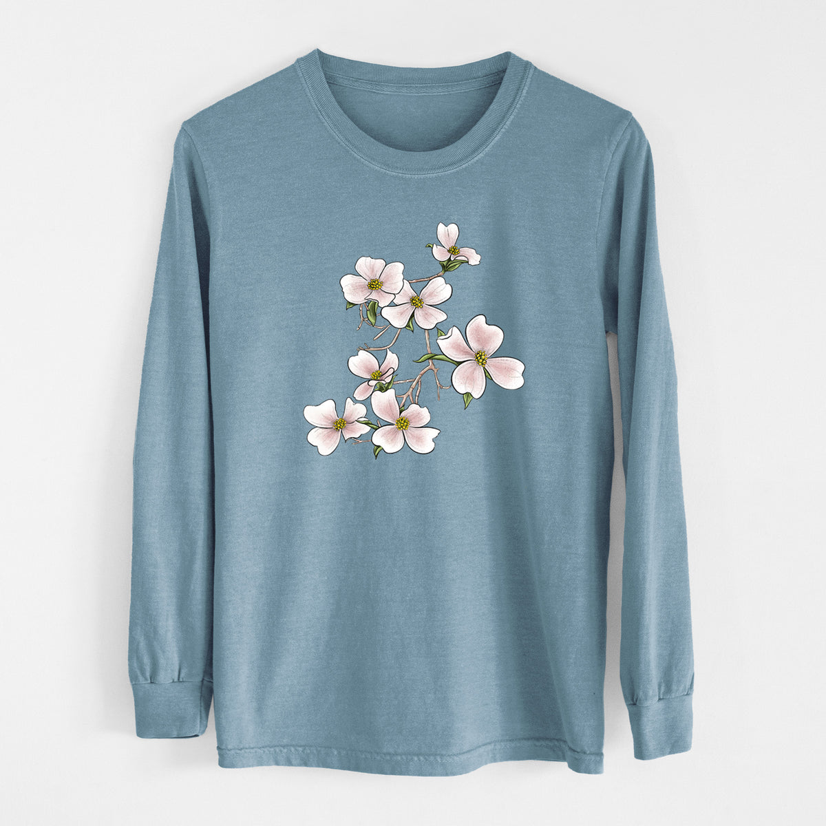 Steel blue Comfort Colors long sleeve shirt laid flat, printed with a full-color illustration of pink and white dogwood blossoms on a branch.