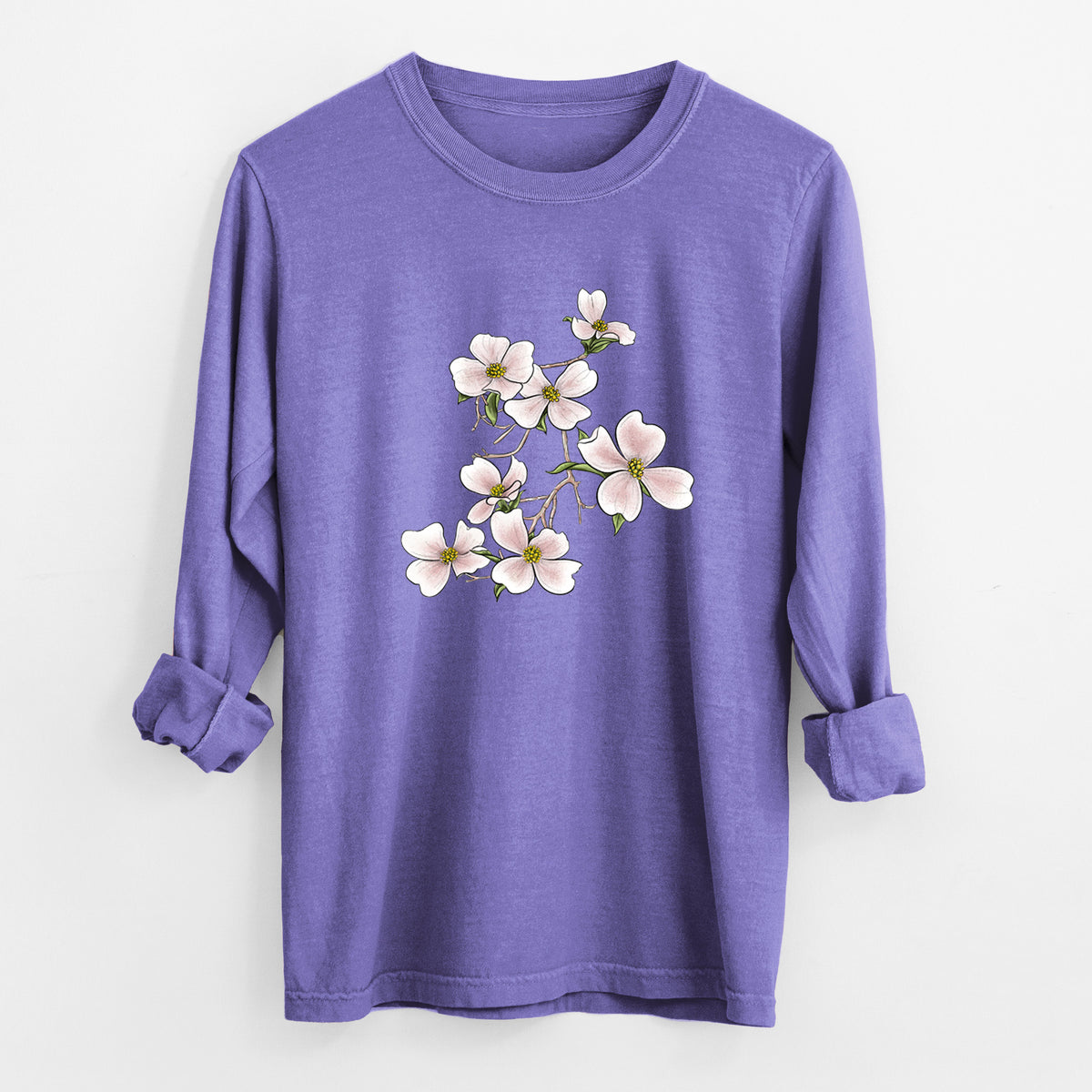 Violet purple Comfort Colors long sleeve shirt laid flat with the cuffs rolled, printed with a full-color illustration of pink and white dogwood blossoms on a branch.
