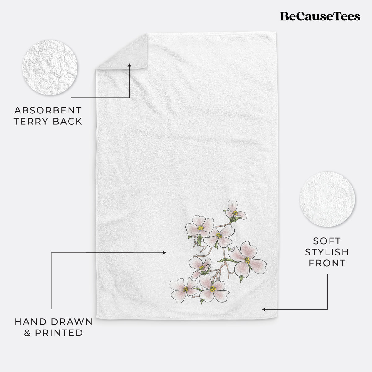 White hand towel printed with a full-color illustration of pink and white dogwood blossoms on a branch.