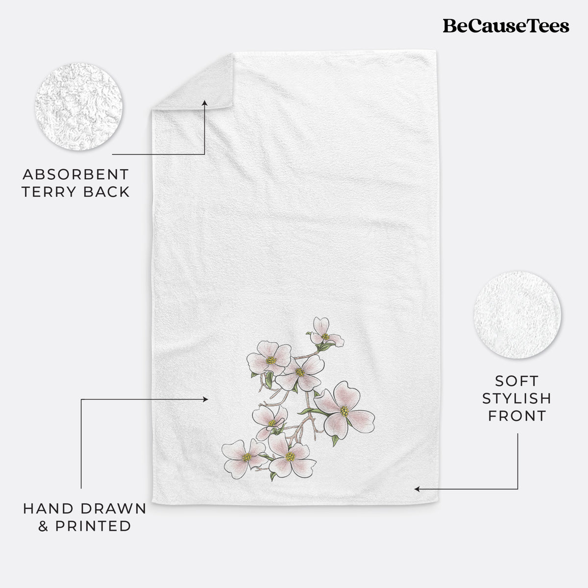 White hand towel printed with a full-color illustration of pink and white dogwood blossoms on a branch.