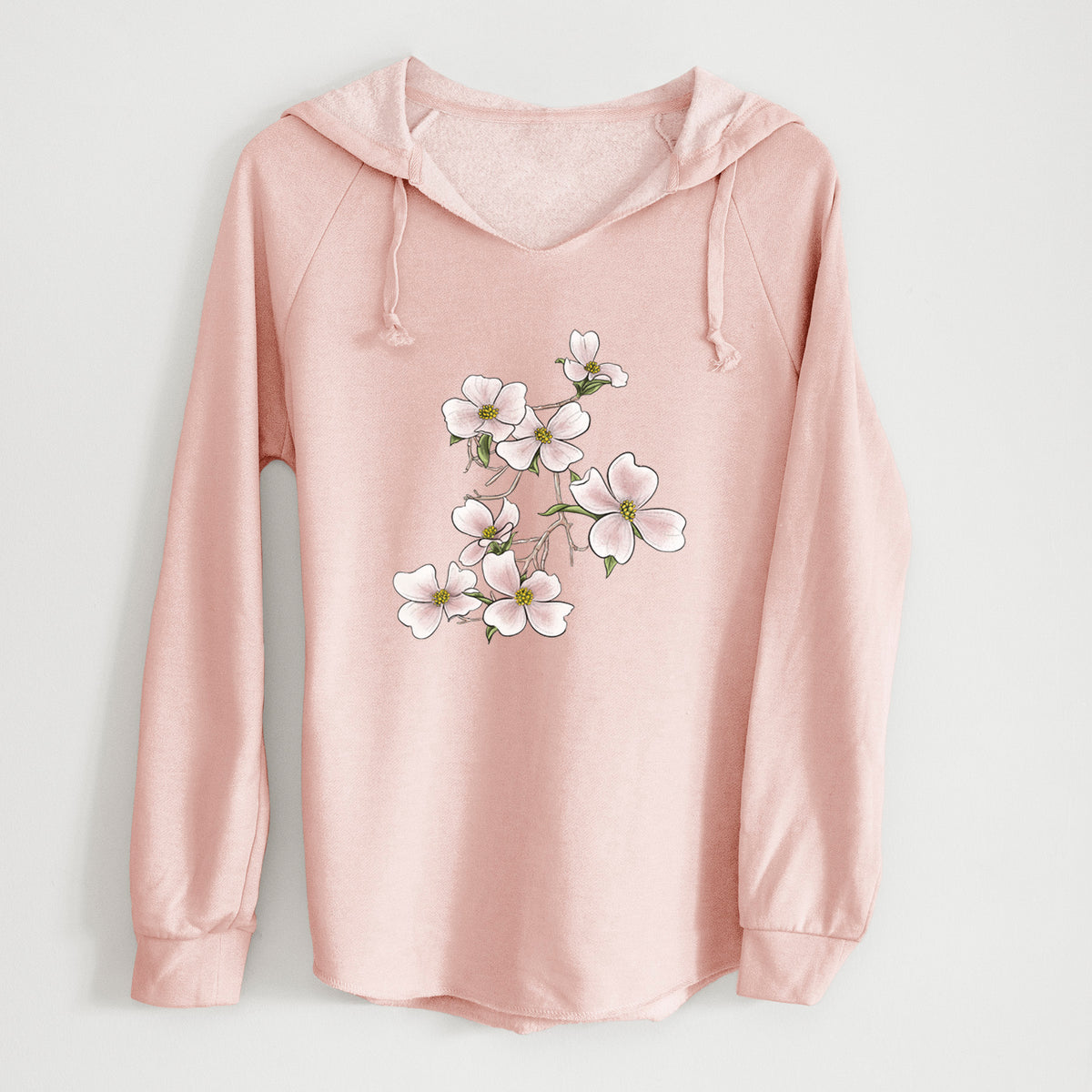 Blush pink women's Cali Wave hooded sweatshirt laid flat, printed with a full-color illustration of pink and white dogwood blossoms on a branch.