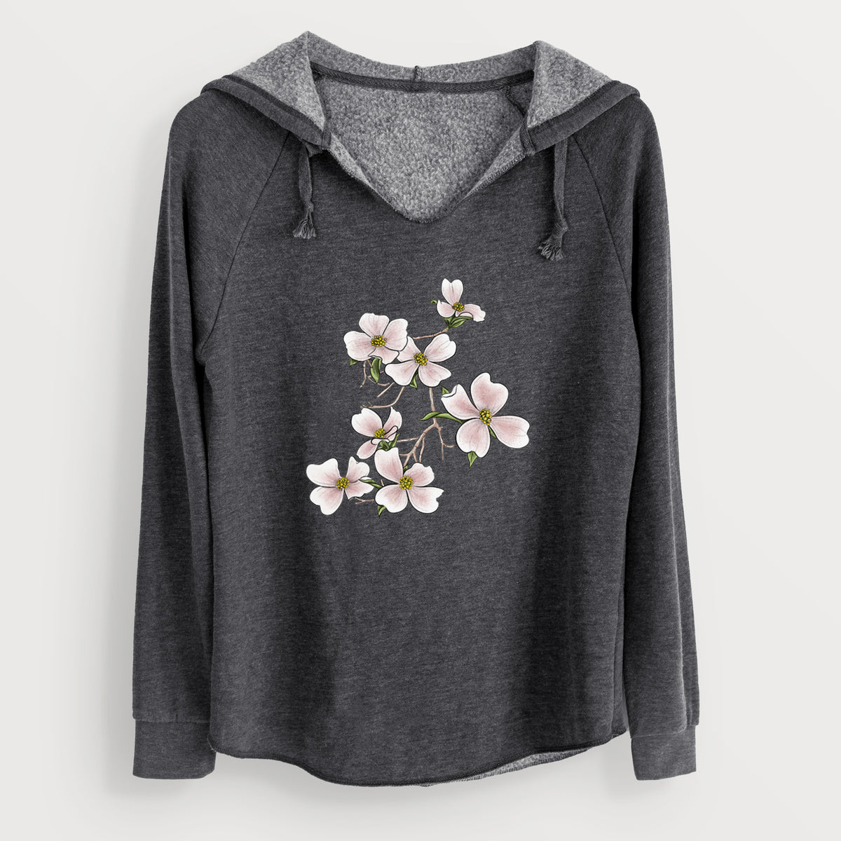 Charcoal grey women's Cali Wave hooded sweatshirt laid flat, printed with a full-color illustration of pink and white dogwood blossoms on a branch.