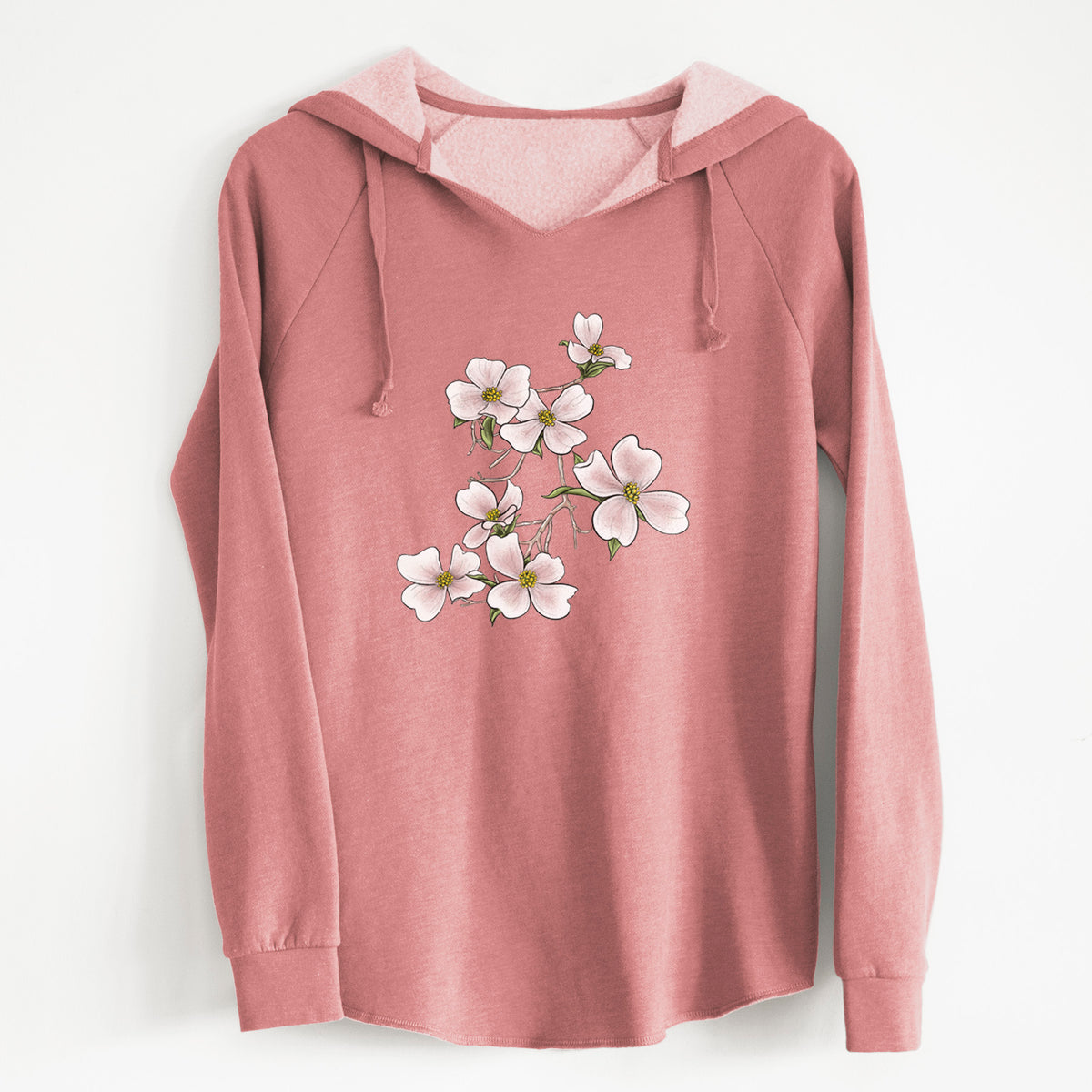 Dusty rose women's Cali Wave hooded sweatshirt laid flat, printed with a full-color illustration of pink and white dogwood blossoms on a branch.