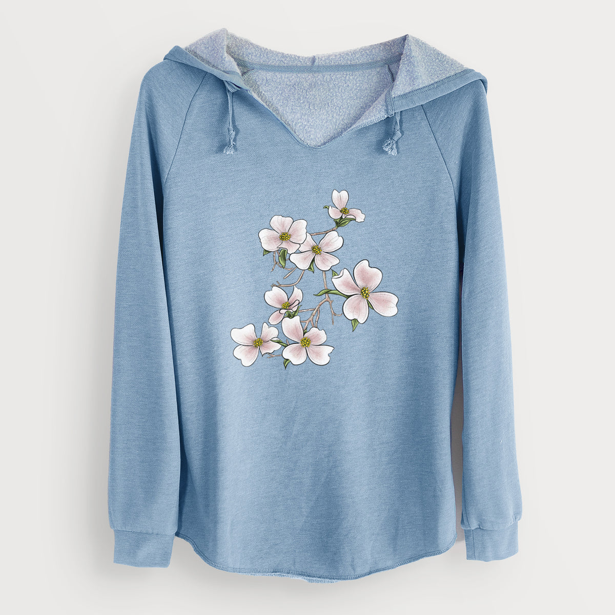 Misty blue women's Cali Wave hooded sweatshirt laid flat, printed with a full-color illustration of pink and white dogwood blossoms on a branch.