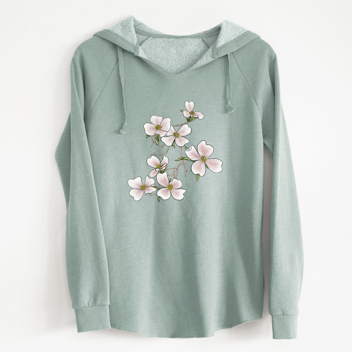 Sage green women's Cali Wave hooded sweatshirt laid flat, printed with a full-color illustration of pink and white dogwood blossoms on a branch.