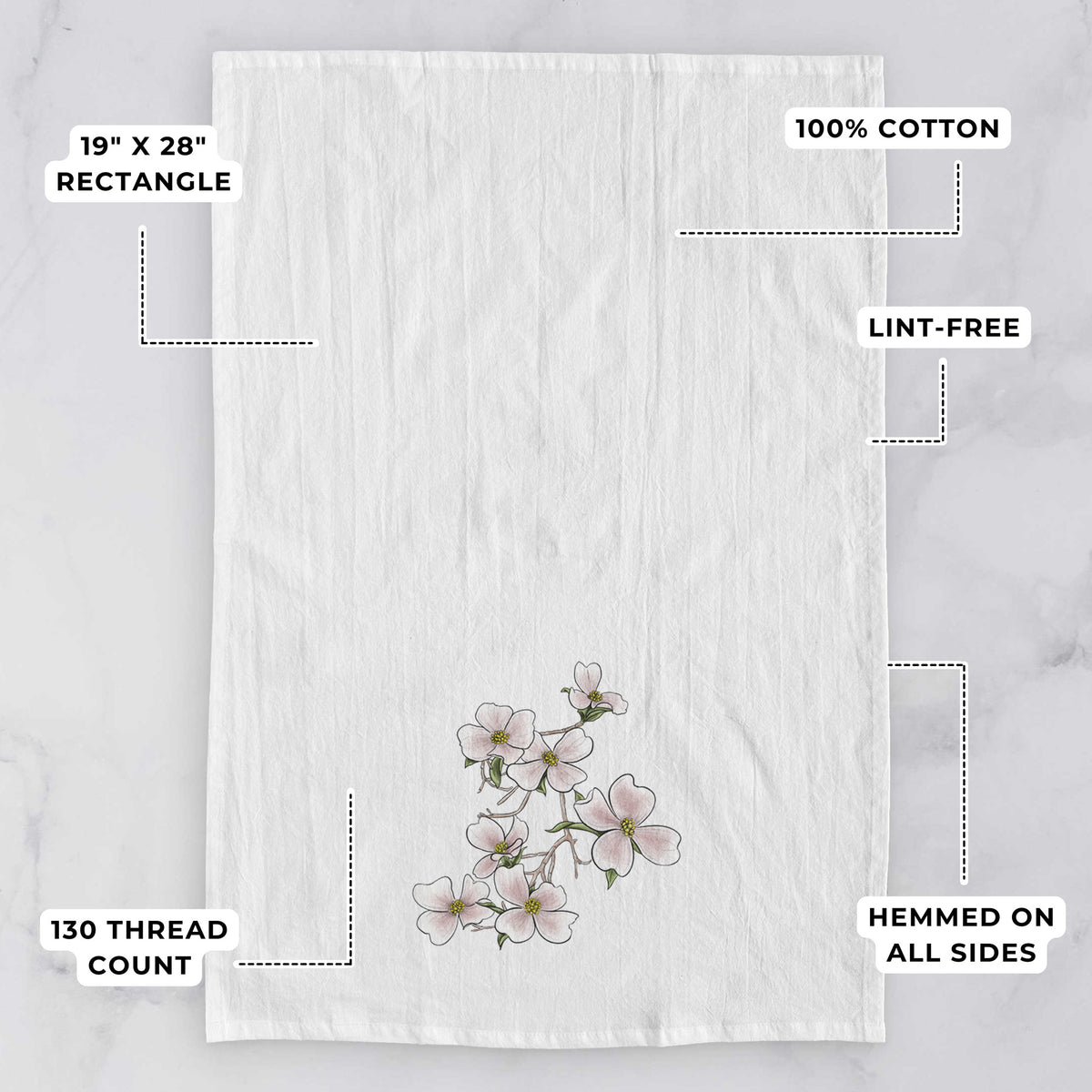 White tea towel printed with a full-color illustration of pink and white dogwood blossoms on a branch, with feature labels: 19 by 28 inch rectangle, 100% cotton, lint-free, 130 thread count, hemmed on all sides.