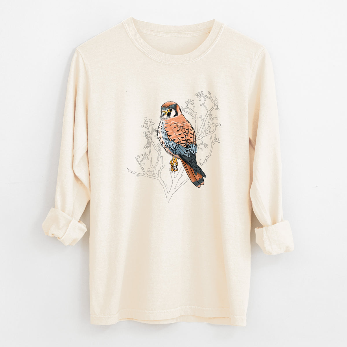 Ivory Comfort Colors long sleeve shirt laid flat with the cuffs rolled, printed with a full-color illustration of an American kestrel perched among pale branches.