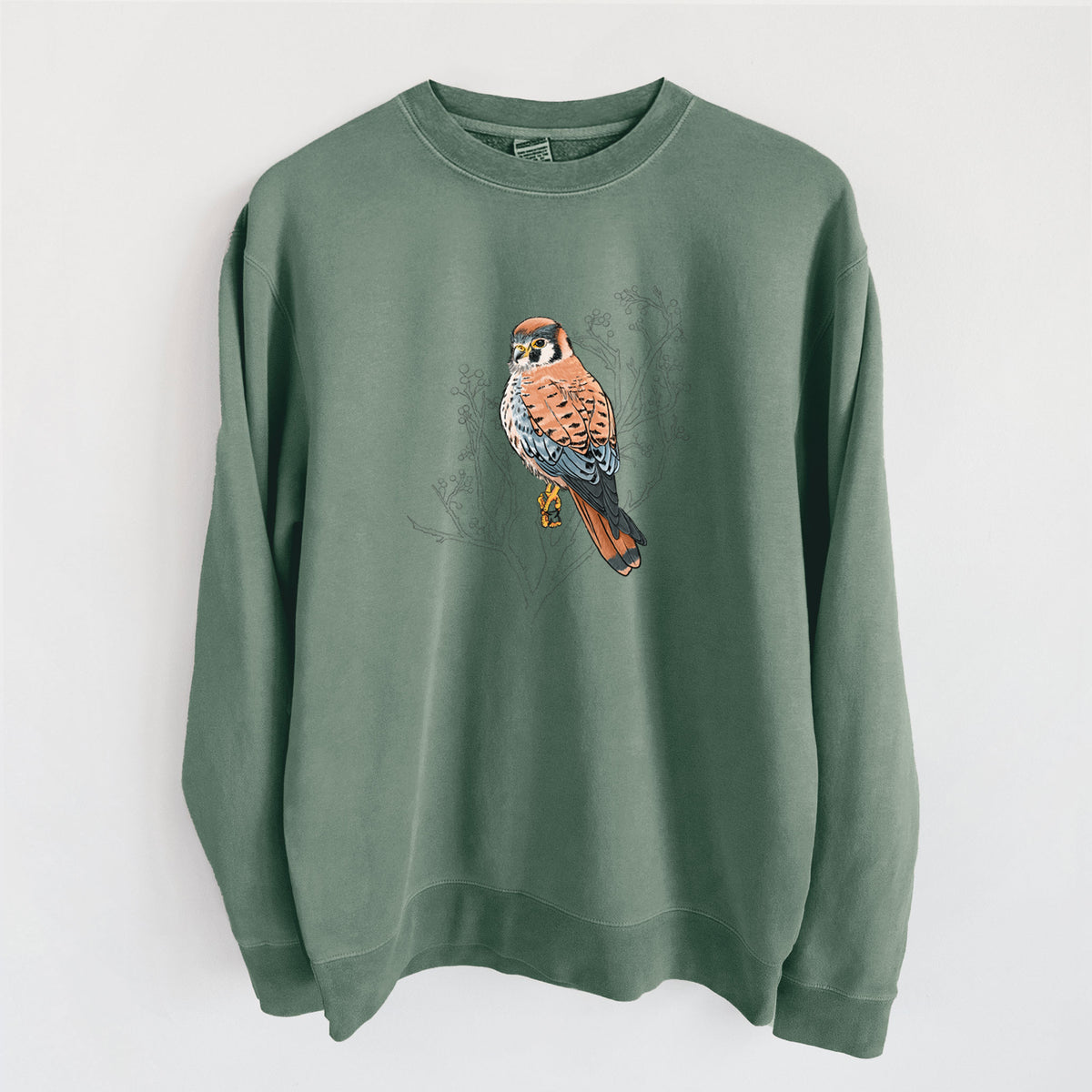 Vibrant American Kestrel - Falco sparverius - Unisex Pigment Dyed Crew Sweatshirt in Alpine Green