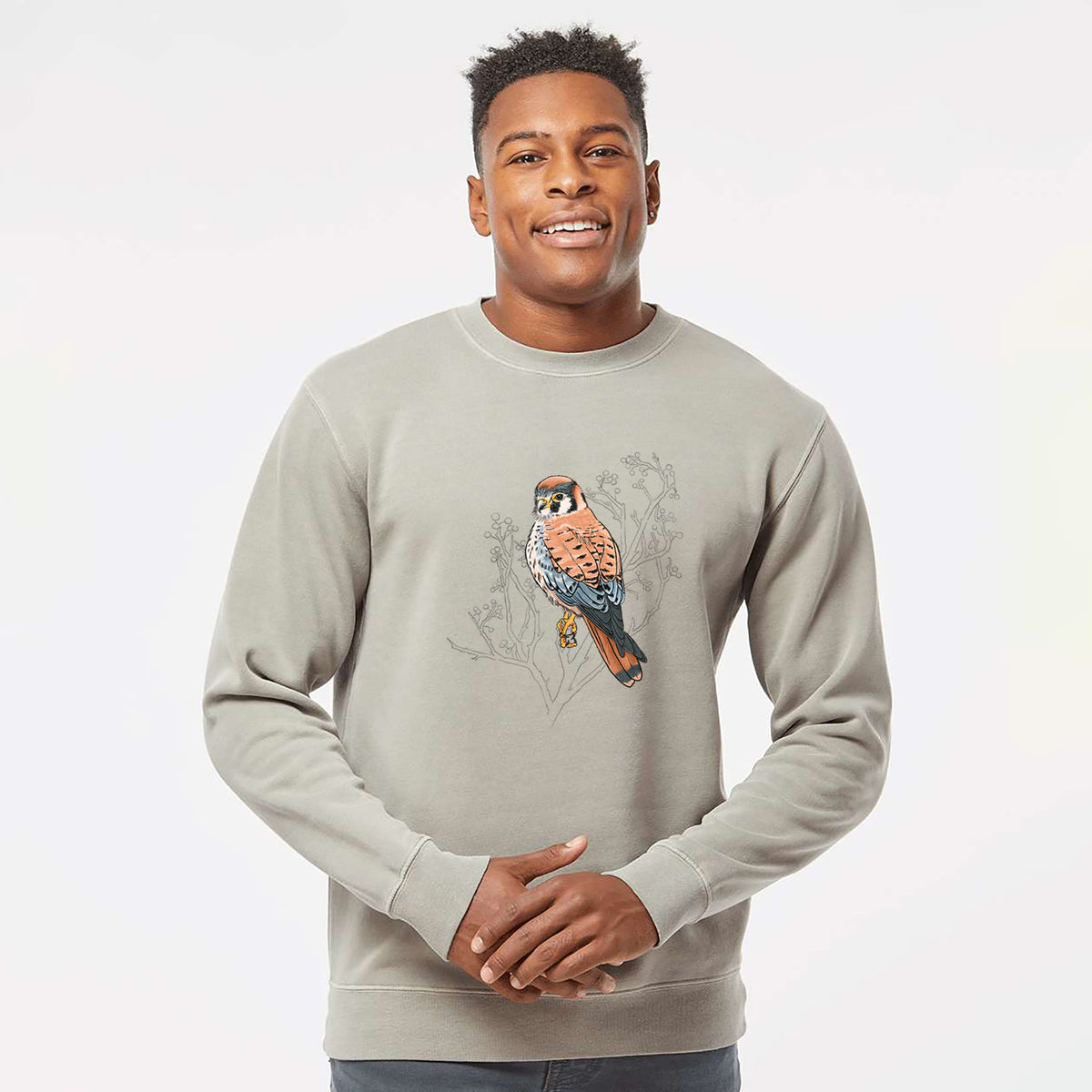 Vibrant American Kestrel - Falco sparverius - Unisex Pigment Dyed Crew Sweatshirt in Cement