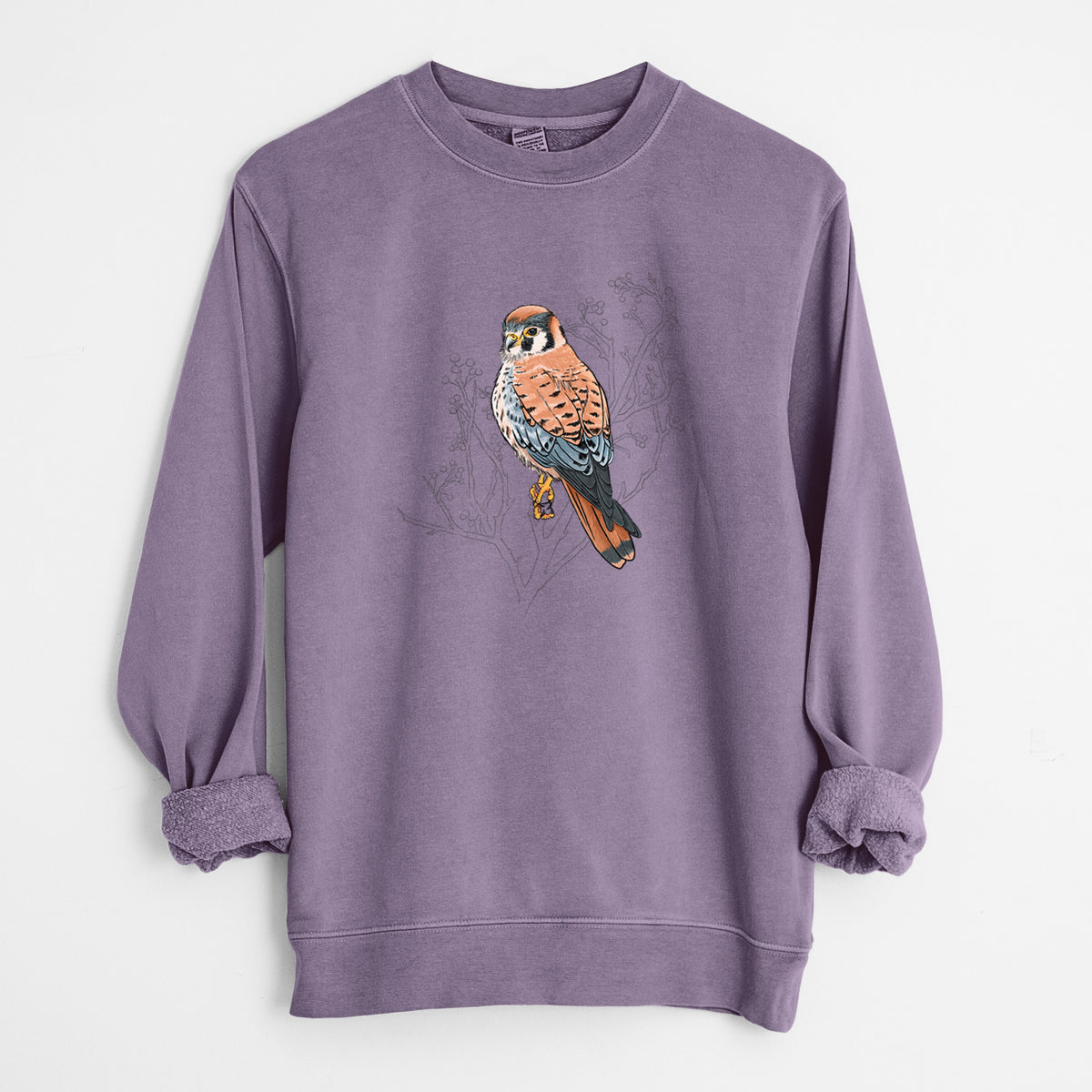 Vibrant American Kestrel - Falco sparverius - Unisex Pigment Dyed Crew Sweatshirt in Plum