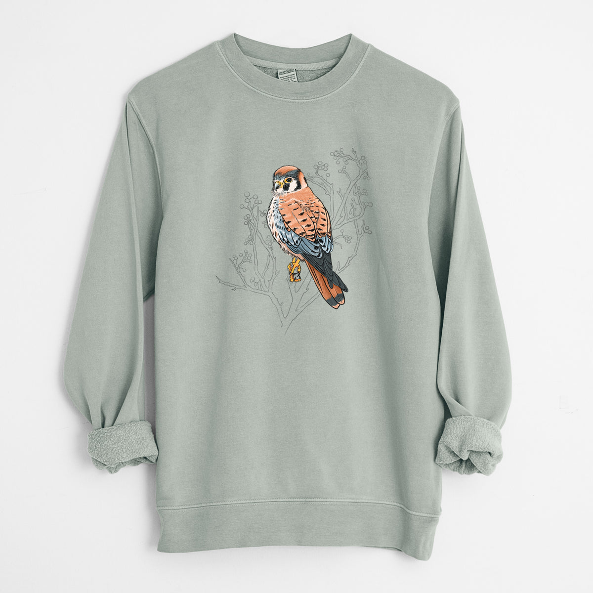Vibrant American Kestrel - Falco sparverius - Unisex Pigment Dyed Crew Sweatshirt in Sage