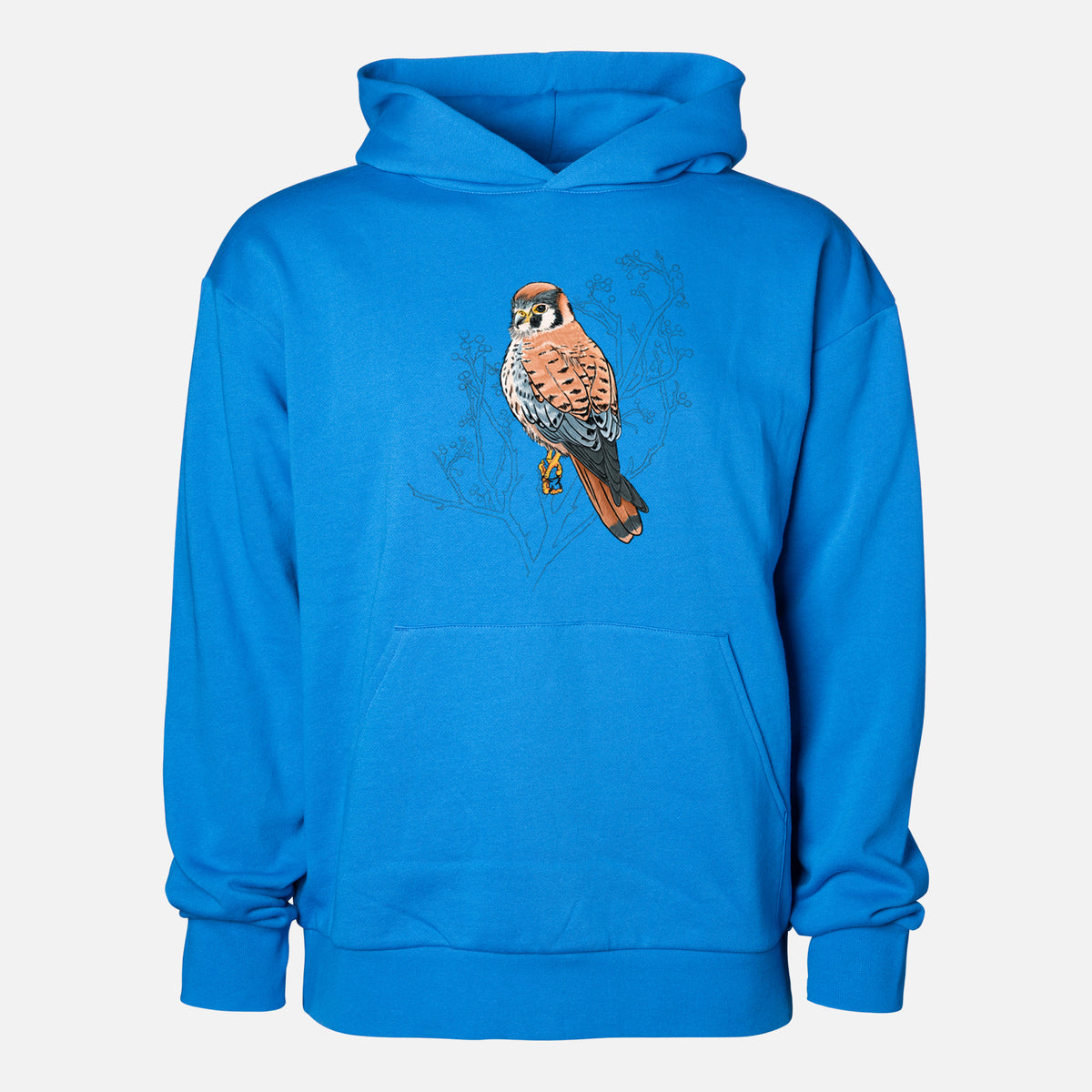 Vibrant American Kestrel - Falco sparverius - Statement Midweight Hoodie in Azure Blue, shown from the front with the design printed on the chest above a front kangaroo pocket.