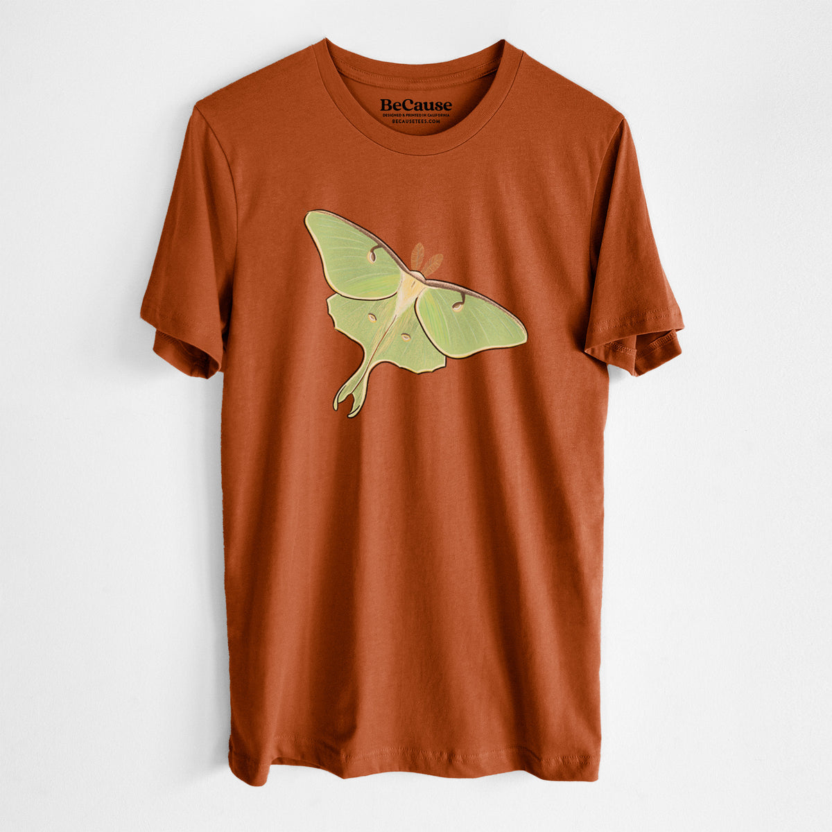 Autumn lightweight cotton t-shirt laid flat, printed with a full-color illustration of a pale green luna moth with long tails on its wings.