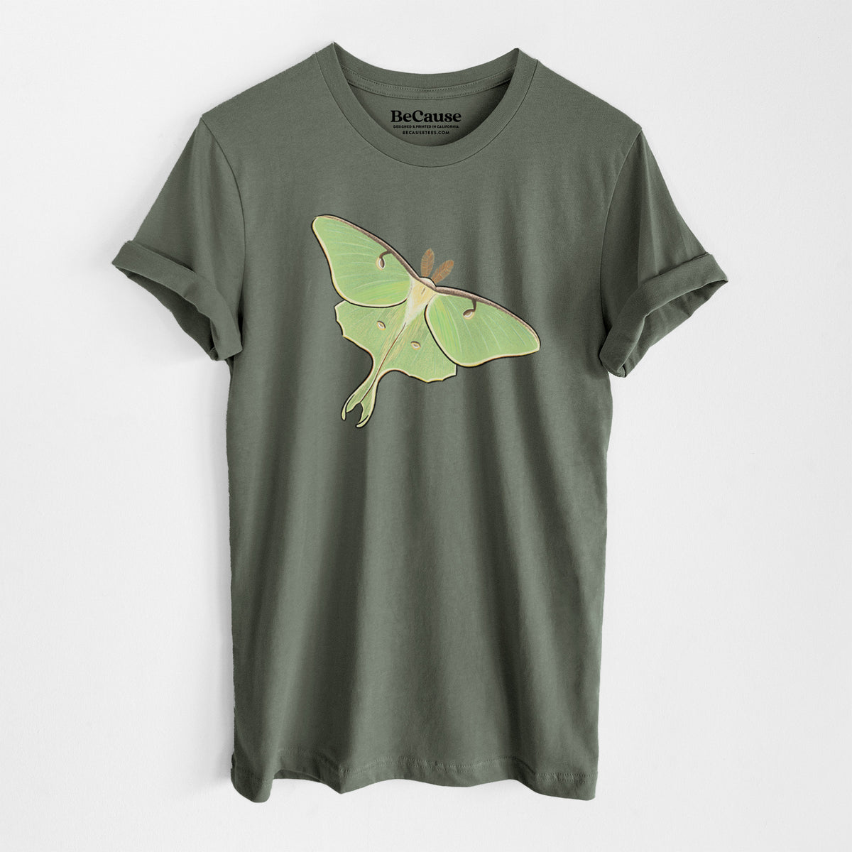 Military green lightweight cotton t-shirt laid flat, printed with a full-color illustration of a pale green luna moth with long tails on its wings.
