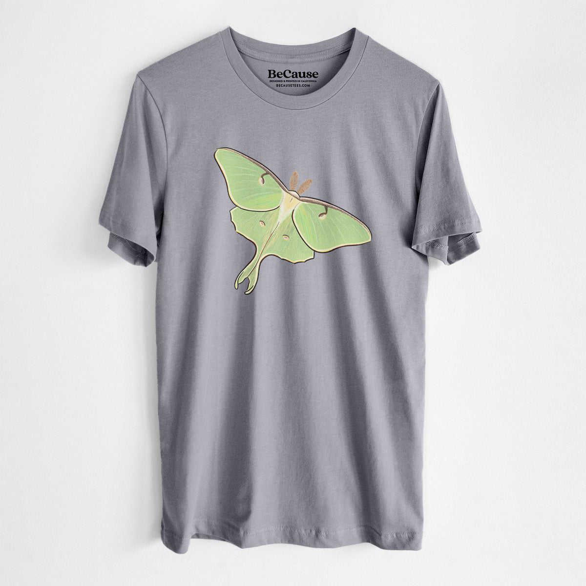 Storm grey lightweight cotton t-shirt laid flat, printed with a full-color illustration of a pale green luna moth with long tails on its wings.