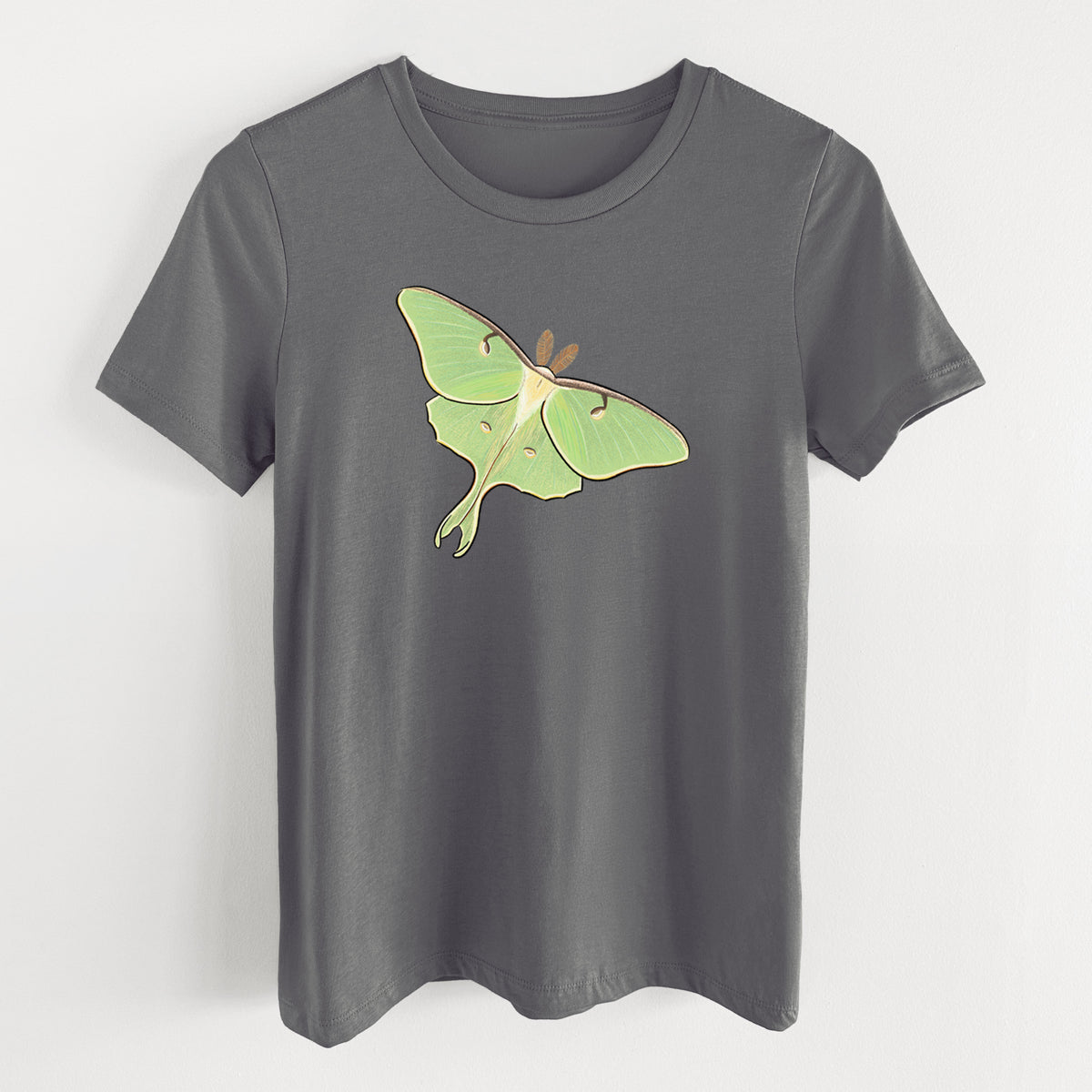Asphalt women's relaxed fit cotton t-shirt laid flat, printed with a full-color illustration of a pale green luna moth with long tails on its wings.