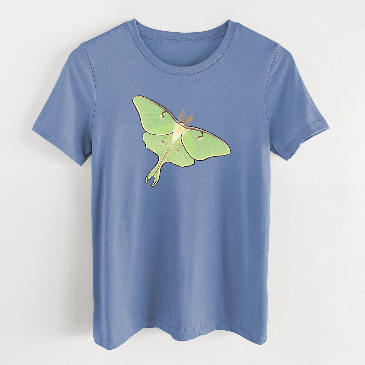 Blue bell women's relaxed fit cotton t-shirt laid flat, printed with a full-color illustration of a pale green luna moth with long tails on its wings.