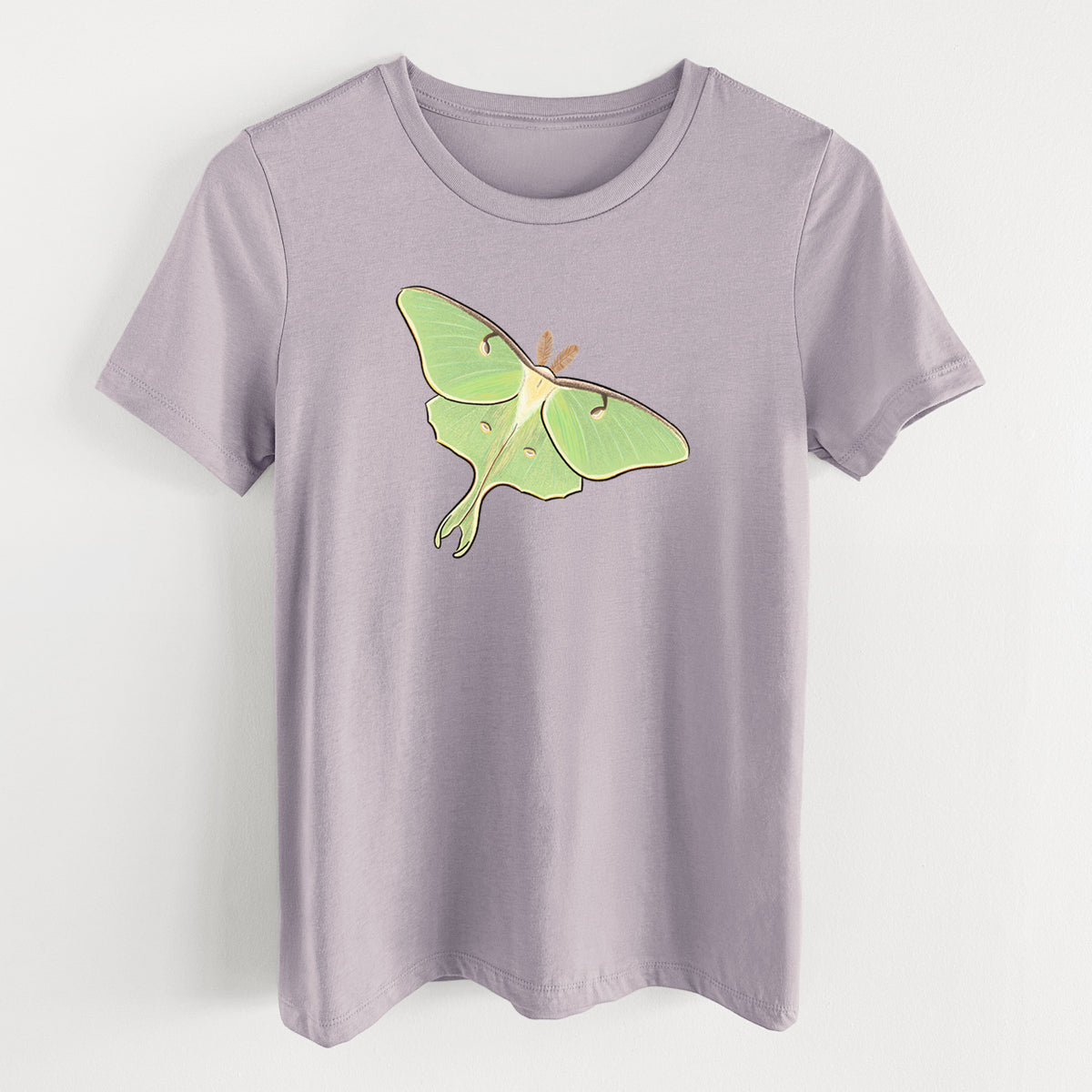 Light violet women's relaxed fit cotton t-shirt laid flat, printed with a full-color illustration of a pale green luna moth with long tails on its wings.