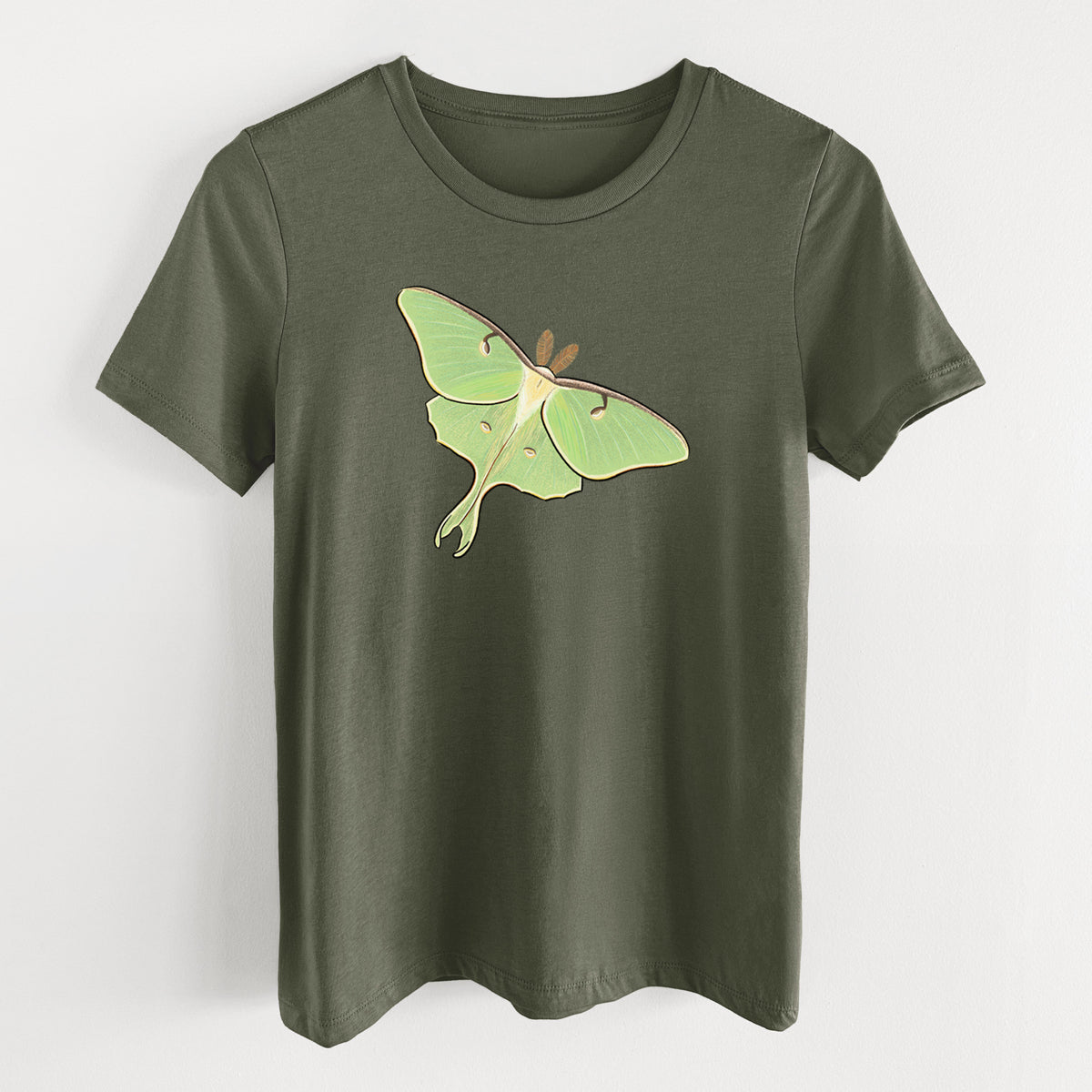 Military green women's relaxed fit cotton t-shirt laid flat, printed with a full-color illustration of a pale green luna moth with long tails on its wings.