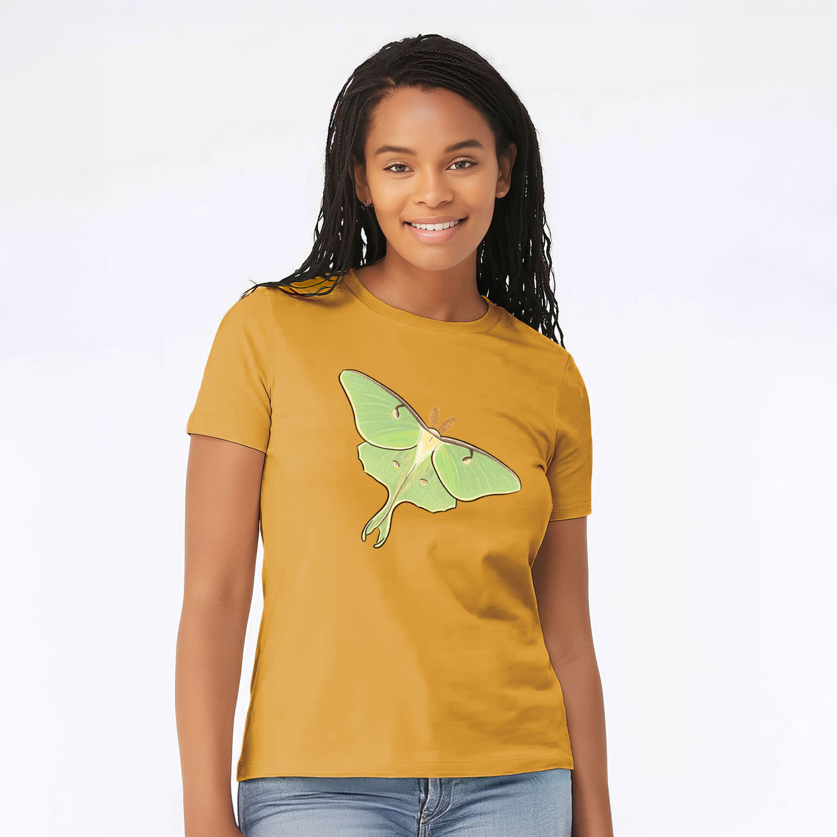 Woman wearing a mustard yellow women's relaxed fit cotton t-shirt printed with a full-color illustration of a pale green luna moth with long tails on its wings.