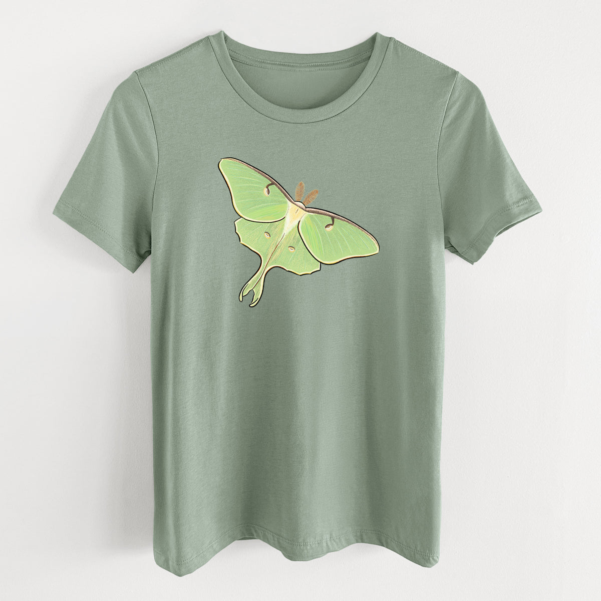 Sage green women's relaxed fit cotton t-shirt laid flat, printed with a full-color illustration of a pale green luna moth with long tails on its wings.