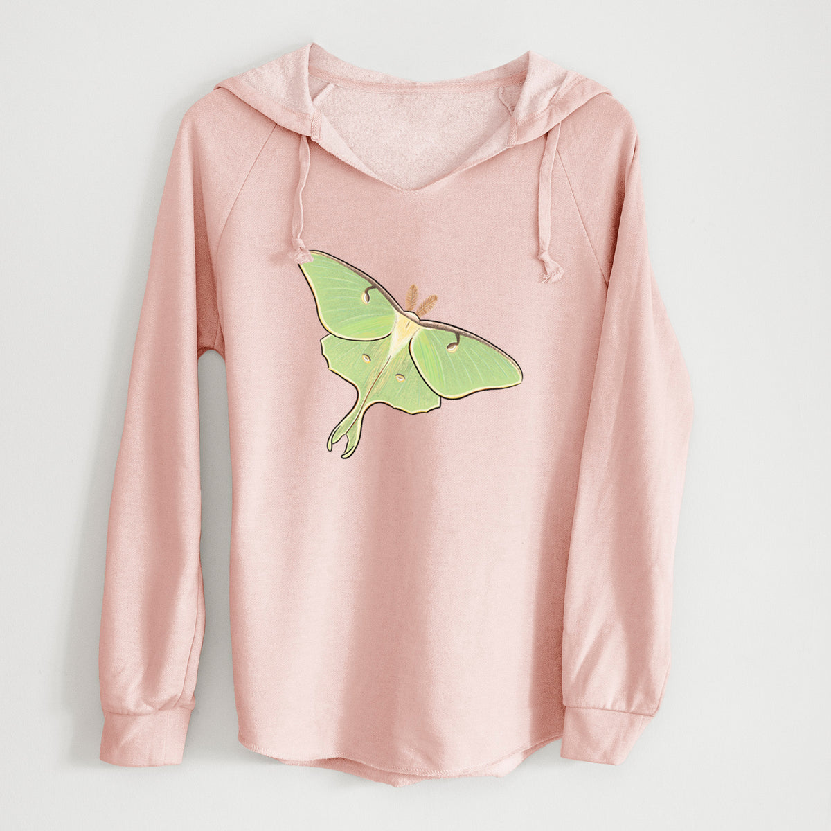 Blush pink women's Cali Wave hooded sweatshirt laid flat, printed with a full-color illustration of a pale green luna moth with long tails on its wings.
