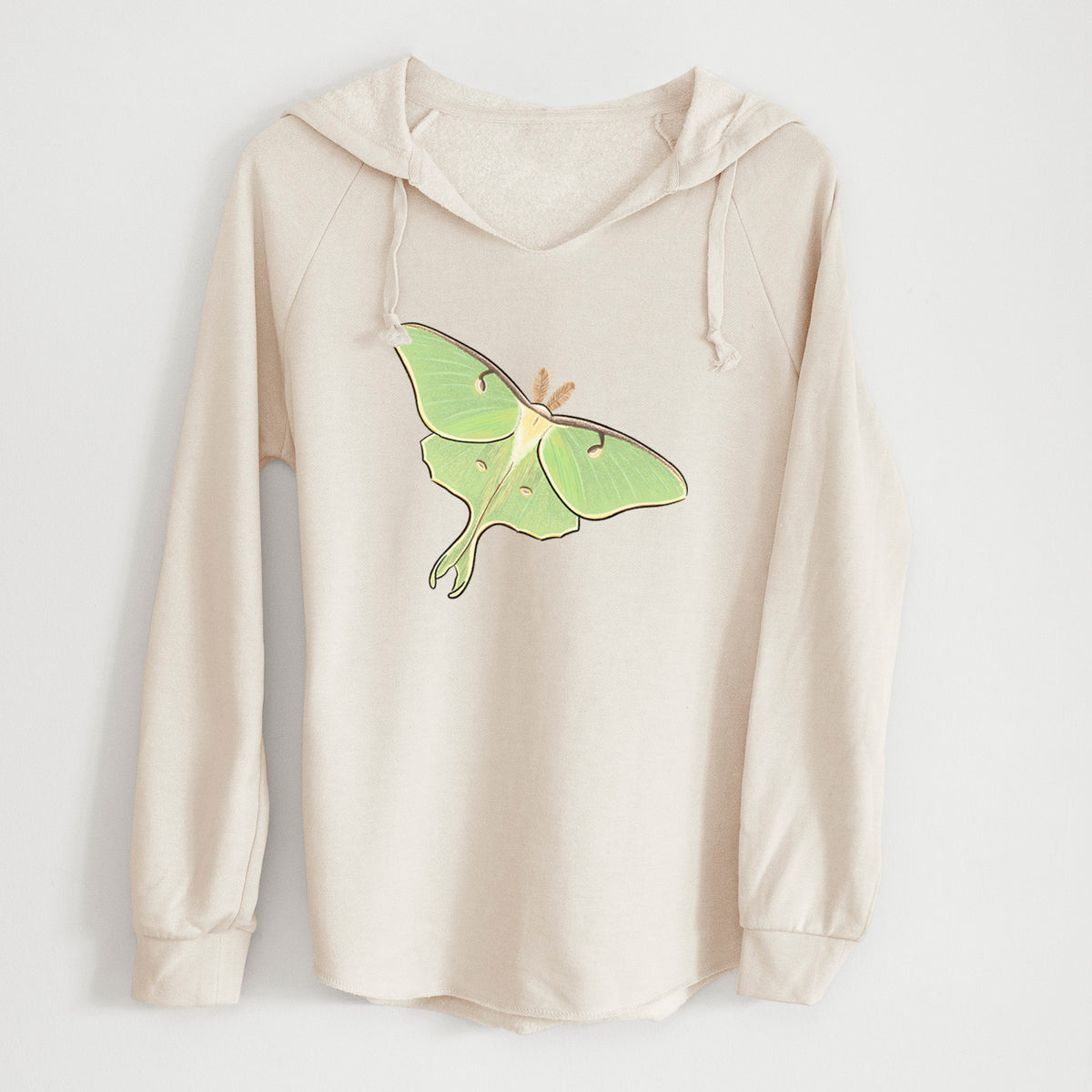 Bone cream women's Cali Wave hooded sweatshirt laid flat, printed with a full-color illustration of a pale green luna moth with long tails on its wings.