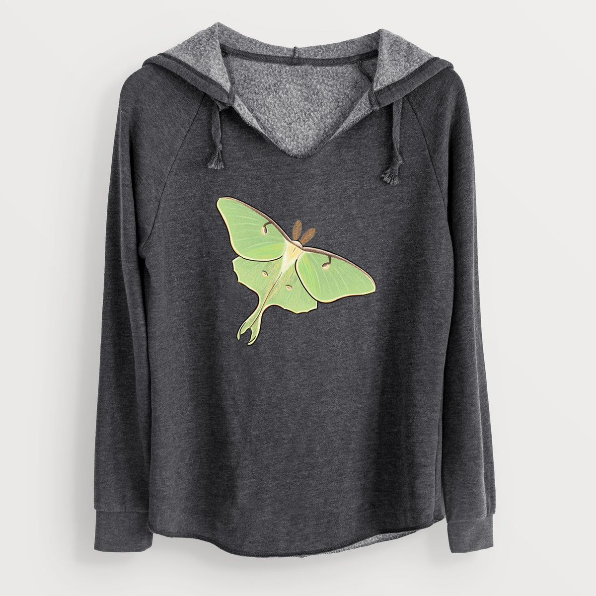 Charcoal grey women's Cali Wave hooded sweatshirt laid flat, printed with a full-color illustration of a pale green luna moth with long tails on its wings.