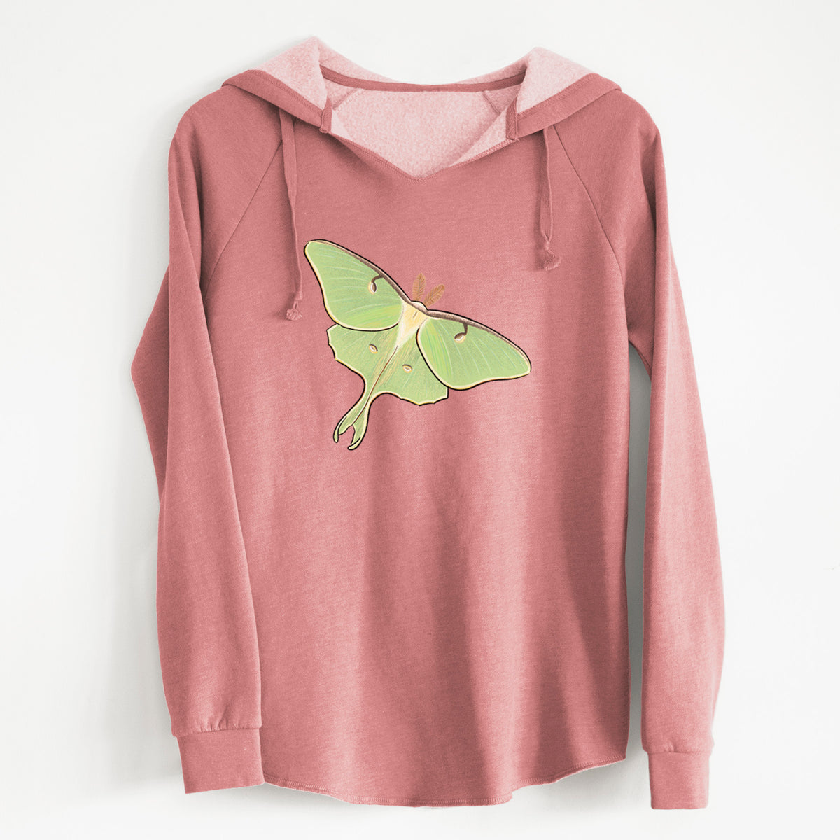 Dusty rose women's Cali Wave hooded sweatshirt laid flat, printed with a full-color illustration of a pale green luna moth with long tails on its wings.