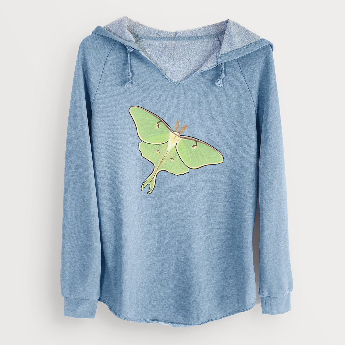 Misty blue women's Cali Wave hooded sweatshirt laid flat, printed with a full-color illustration of a pale green luna moth with long tails on its wings.