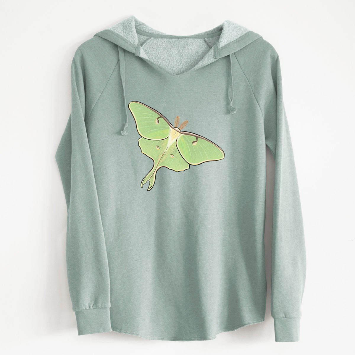 Sage green women's Cali Wave hooded sweatshirt laid flat, printed with a full-color illustration of a pale green luna moth with long tails on its wings.