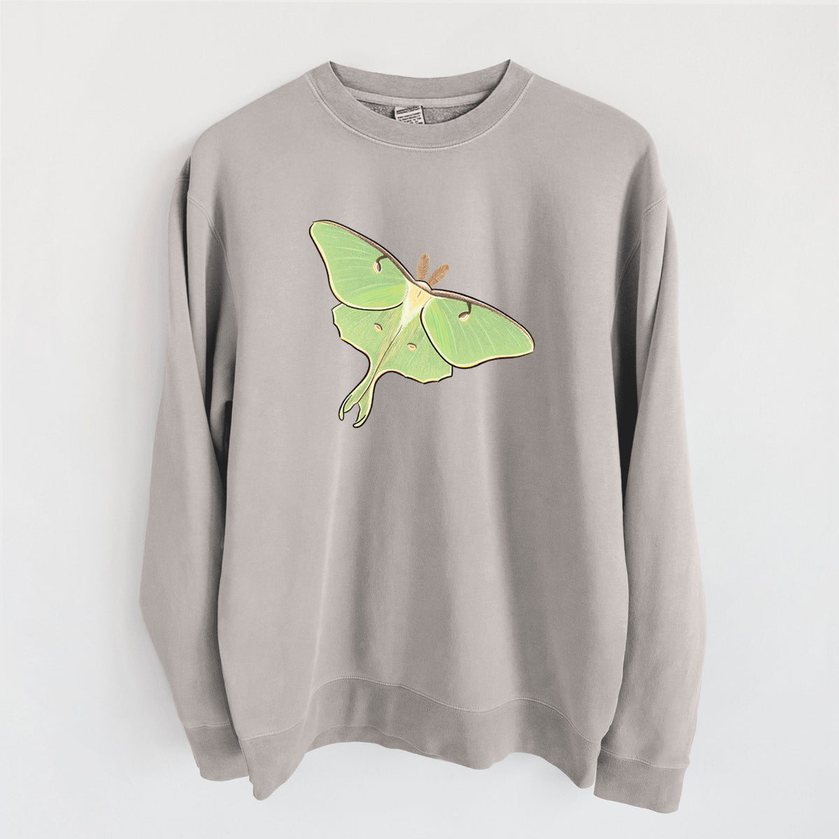 Cement grey pigment dyed crewneck sweatshirt laid flat, printed with a full-color illustration of a pale green luna moth with long tails on its wings.