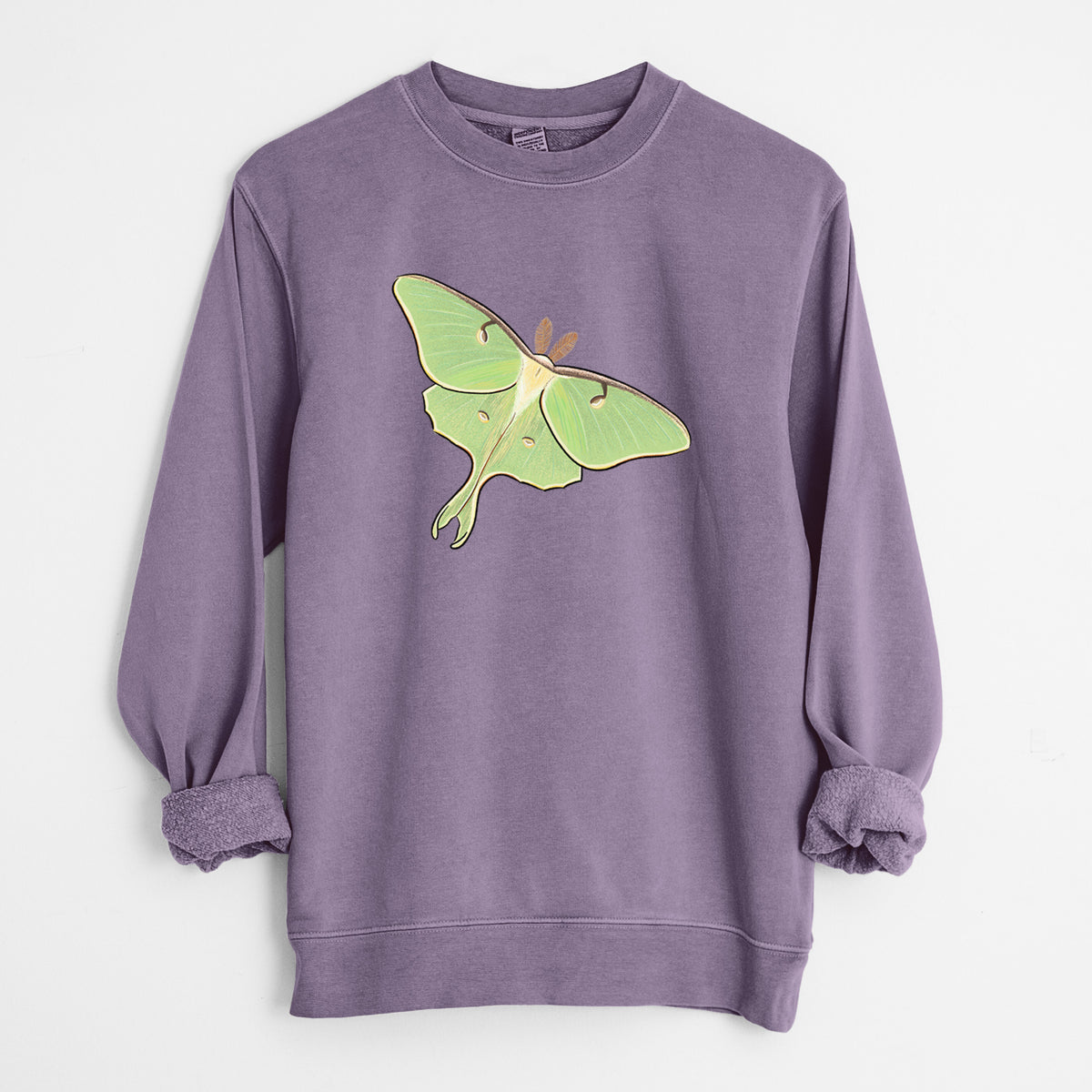 Plum purple pigment dyed crewneck sweatshirt laid flat with the sleeves rolled, printed with a full-color illustration of a pale green luna moth with long tails on its wings.
