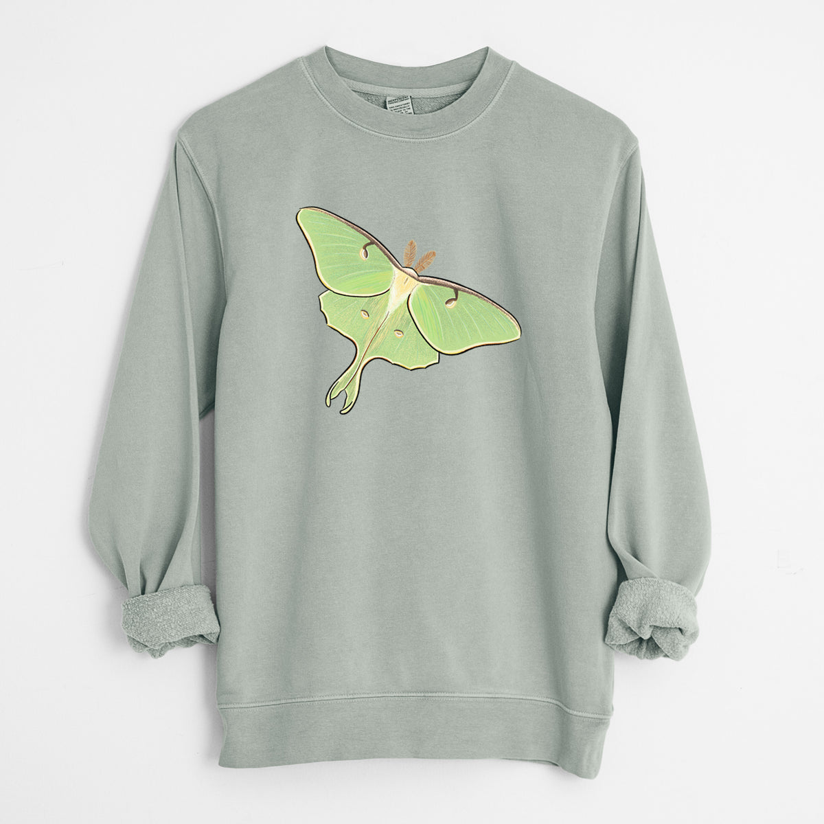 Sage green pigment dyed crewneck sweatshirt laid flat with the sleeves rolled, printed with a full-color illustration of a pale green luna moth with long tails on its wings.