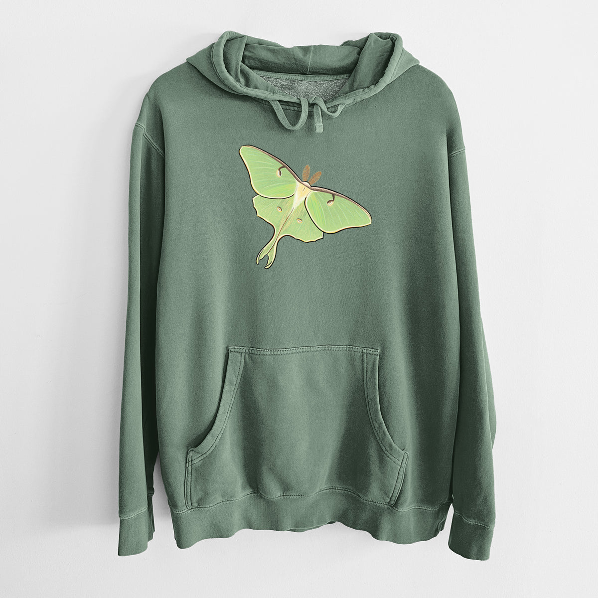 Alpine green pigment dyed hoodie laid flat, printed with a full-color illustration of a pale green luna moth with long tails on its wings.