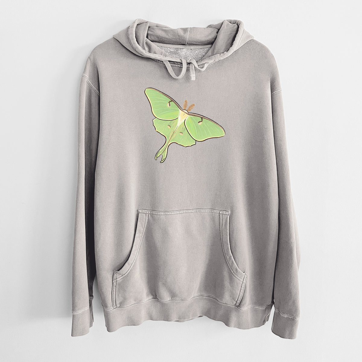 Cement grey pigment dyed hoodie laid flat, printed with a full-color illustration of a pale green luna moth with long tails on its wings.
