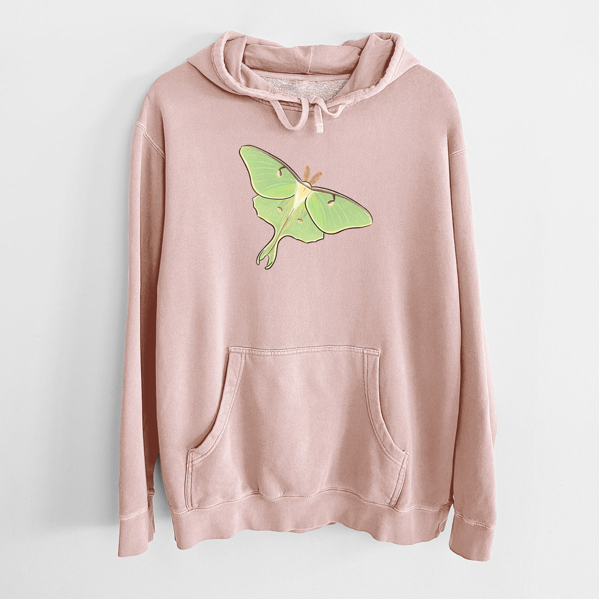 Dusty pink pigment dyed hoodie laid flat, printed with a full-color illustration of a pale green luna moth with long tails on its wings.