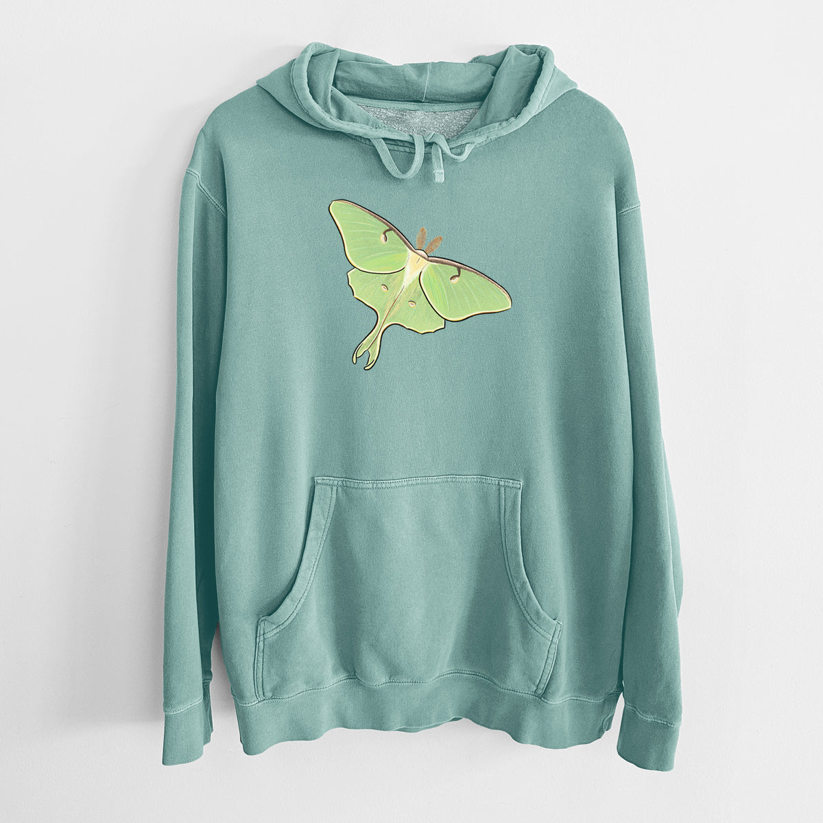 Mint green pigment dyed hoodie laid flat, printed with a full-color illustration of a pale green luna moth with long tails on its wings.