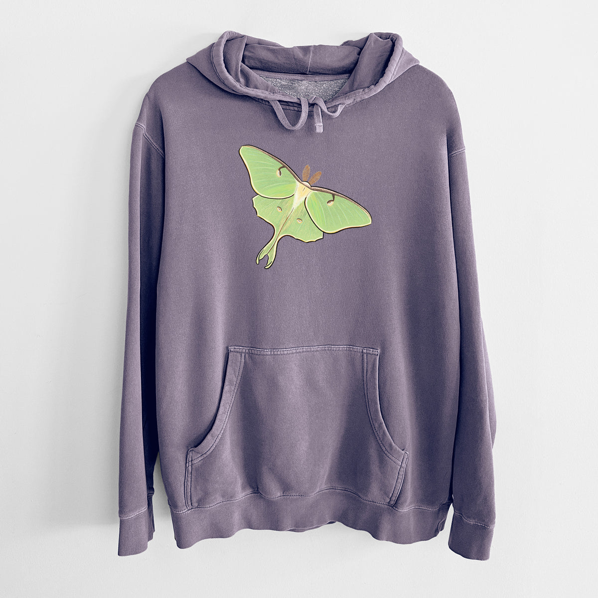 Plum purple pigment dyed hoodie laid flat, printed with a full-color illustration of a pale green luna moth with long tails on its wings.