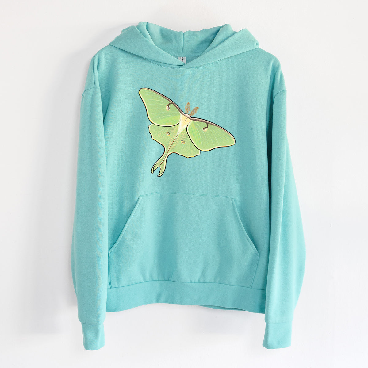 Vibrant Luna Moth - Actias luna - Statement Midweight Hoodie in Seafoam, hanging on a white wall, with a front kangaroo pocket and no drawcords.