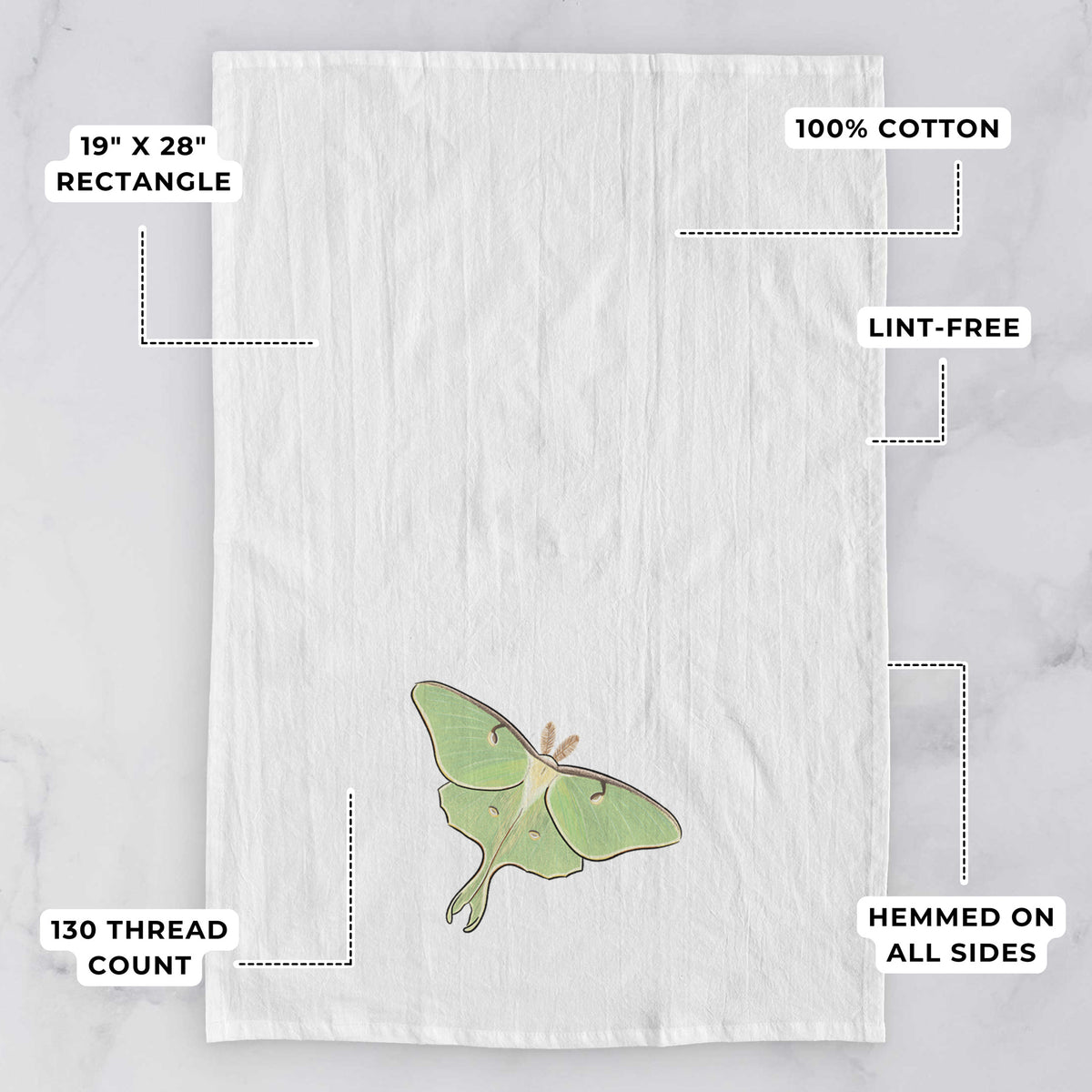 White tea towel printed with a full-color illustration of a pale green luna moth with long tails on its wings, with feature labels: 19 by 28 inch rectangle, 100% cotton, lint-free, 130 thread count, hemmed on all sides.