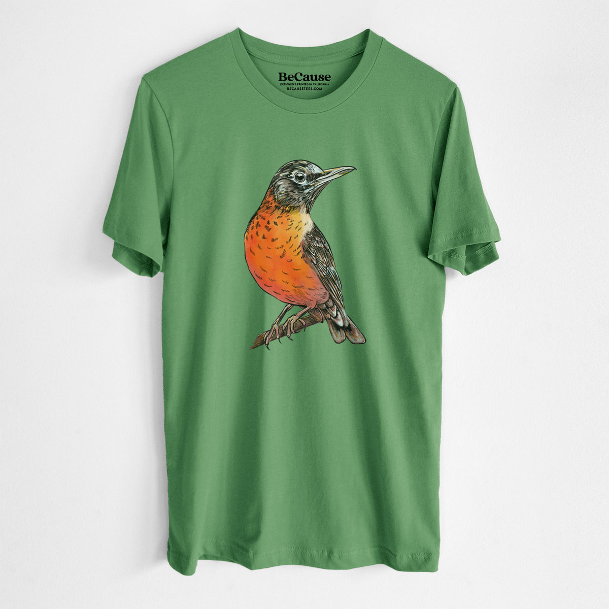 Leaf green lightweight cotton t-shirt laid flat, printed with a full-color illustration of an American robin with an orange breast perched on a branch.