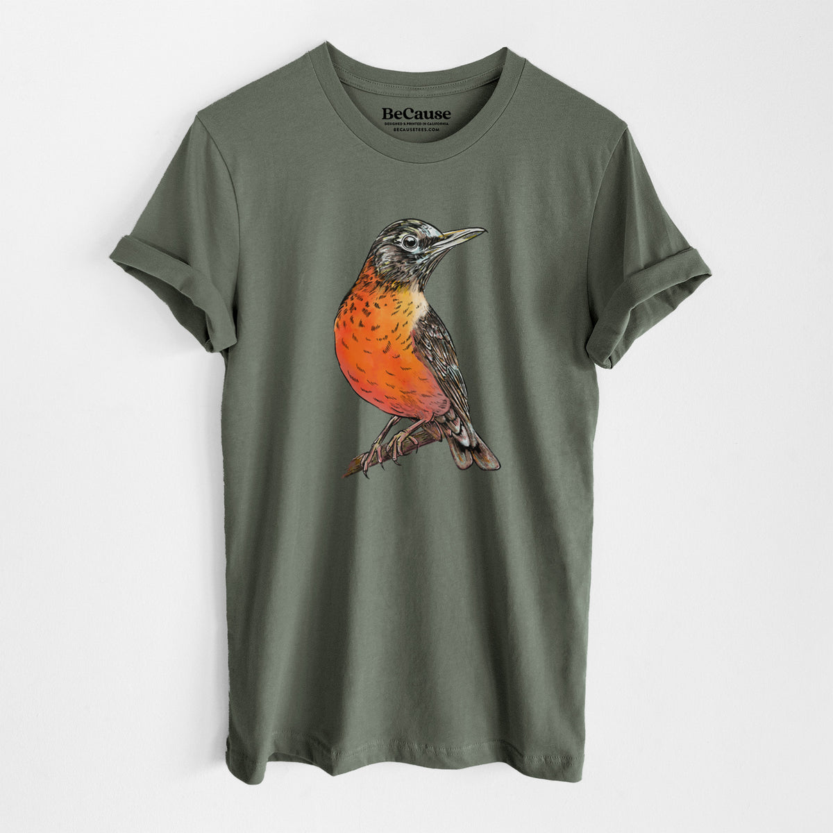 Military green lightweight cotton t-shirt laid flat, printed with a full-color illustration of an American robin with an orange breast perched on a branch.