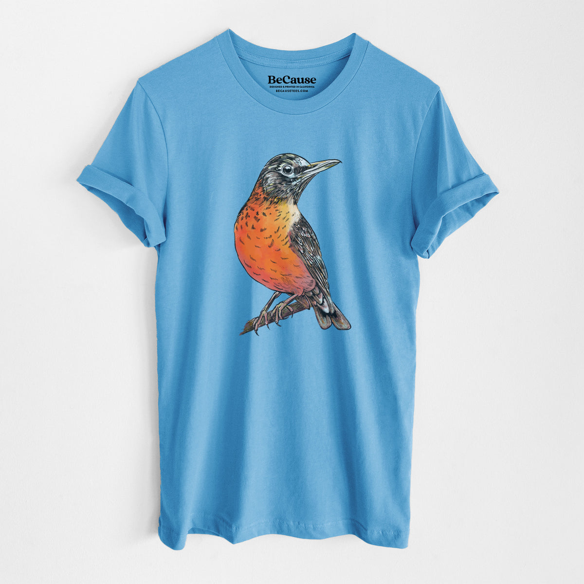 Ocean blue lightweight cotton t-shirt laid flat, printed with a full-color illustration of an American robin with an orange breast perched on a branch.