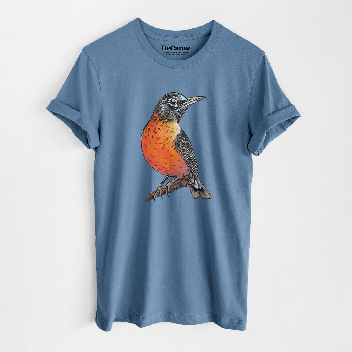 Steel blue lightweight cotton t-shirt laid flat, printed with a full-color illustration of an American robin with an orange breast perched on a branch.