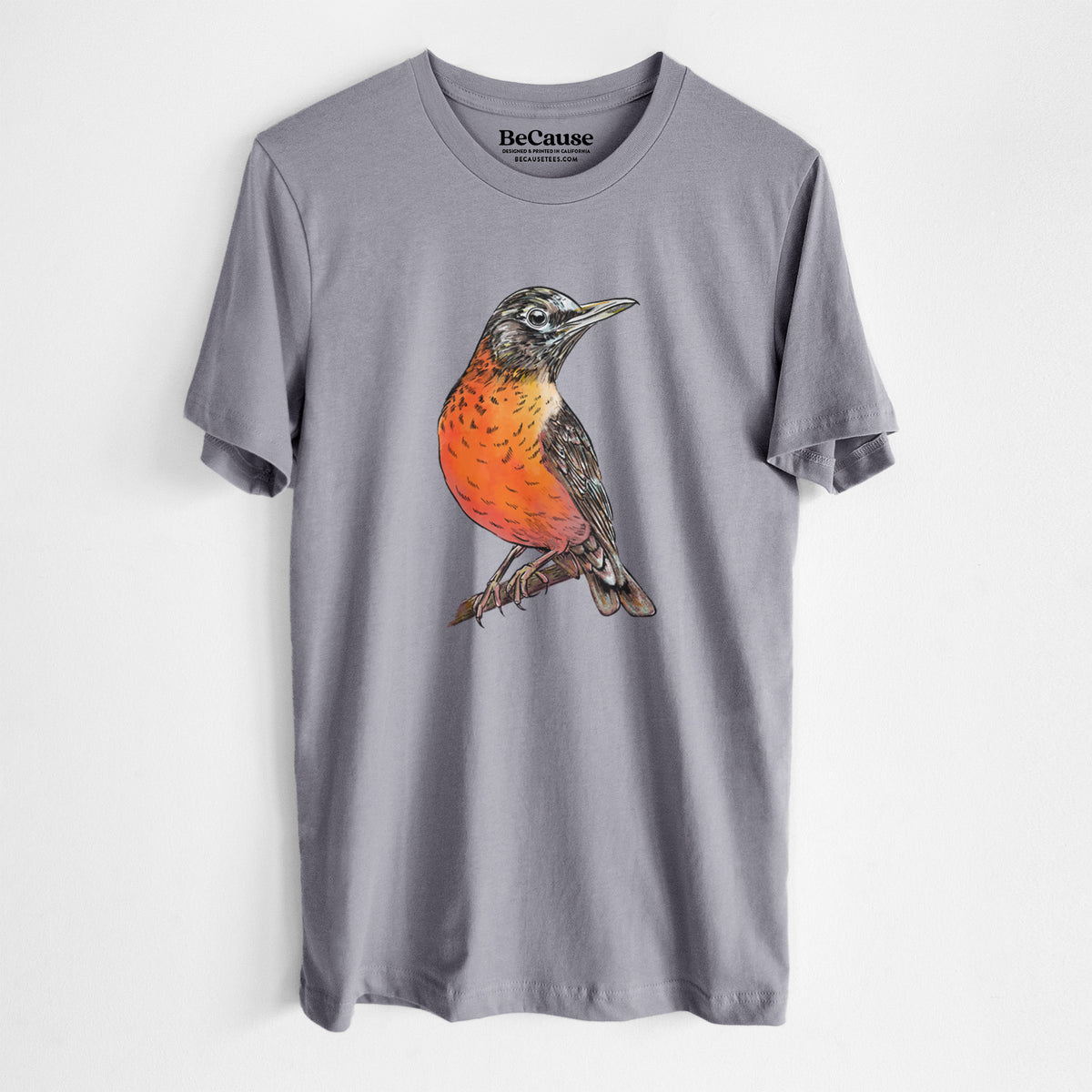 Storm grey lightweight cotton t-shirt laid flat, printed with a full-color illustration of an American robin with an orange breast perched on a branch.