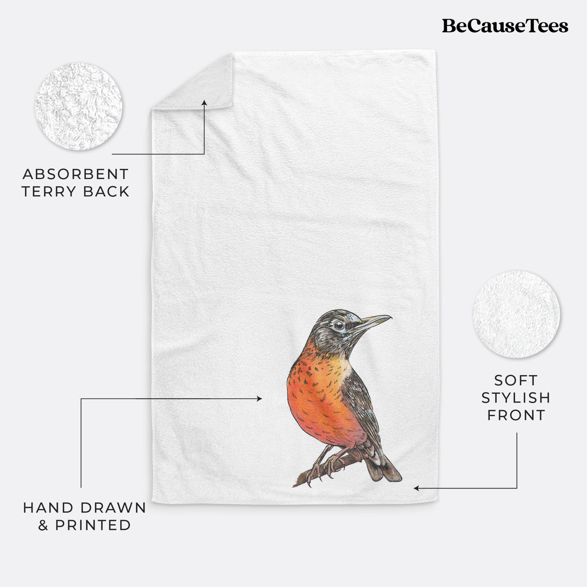 White hand towel printed with a full-color illustration of an American robin with an orange breast perched on a branch.