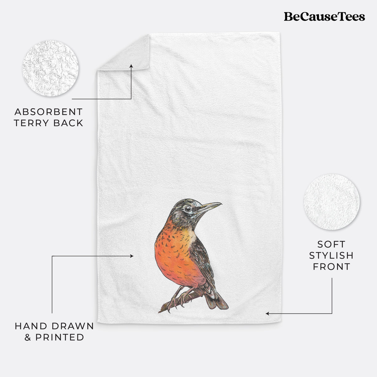 White hand towel printed with a full-color illustration of an American robin with an orange breast perched on a branch.