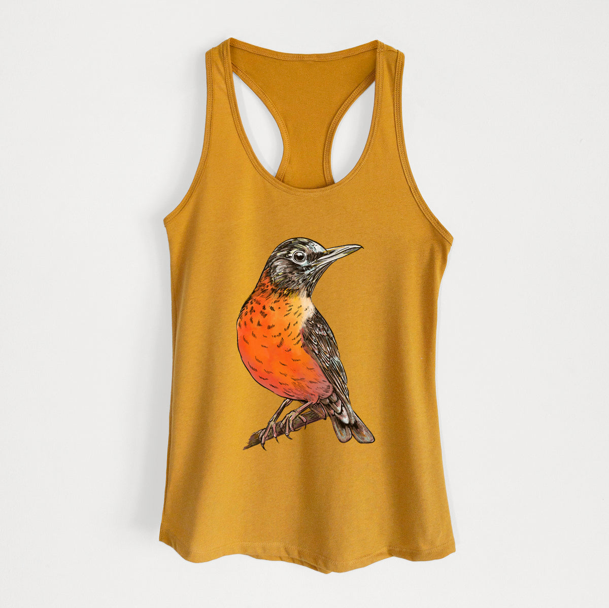 Gold women's racerback tank top laid flat, printed with a full-color illustration of an American robin with an orange breast perched on a branch.